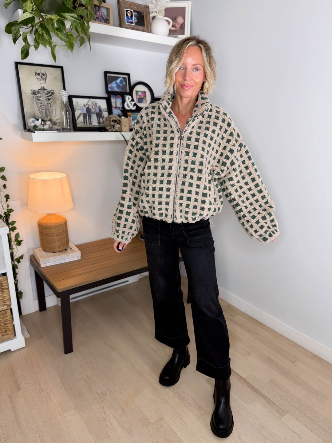 Hannah Checkered Fleece Jacket- TAUPE/GREEN