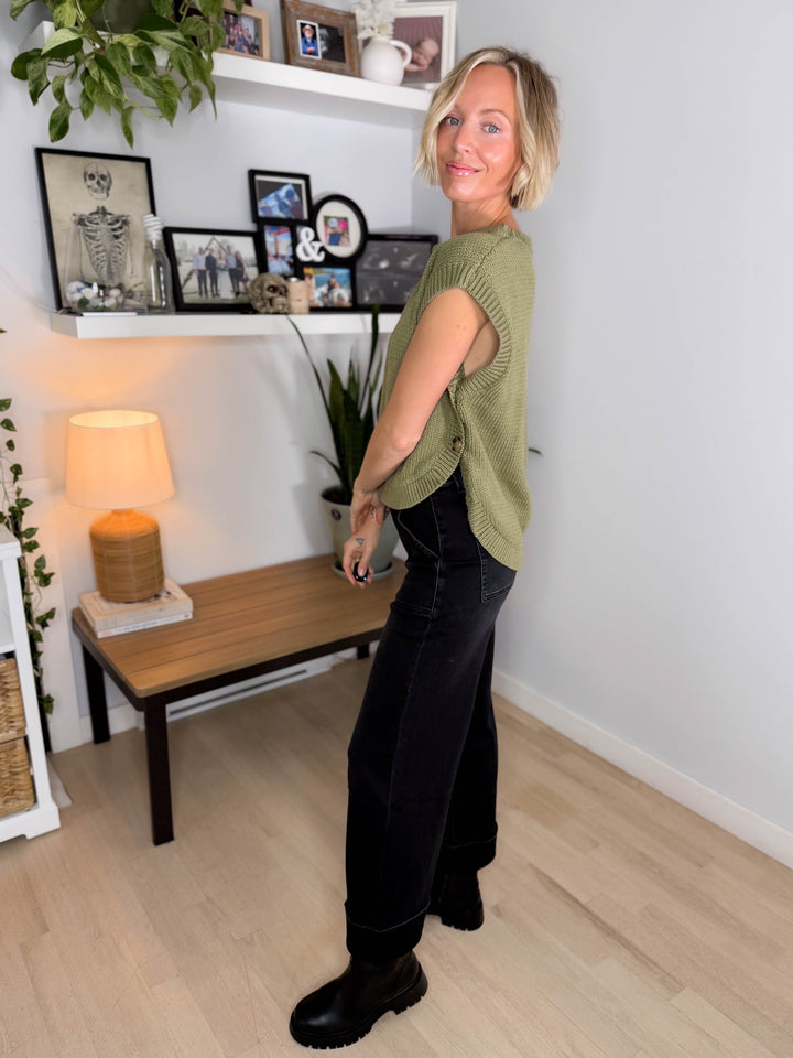 Athena Side Button Sweater Top- OLIVE
