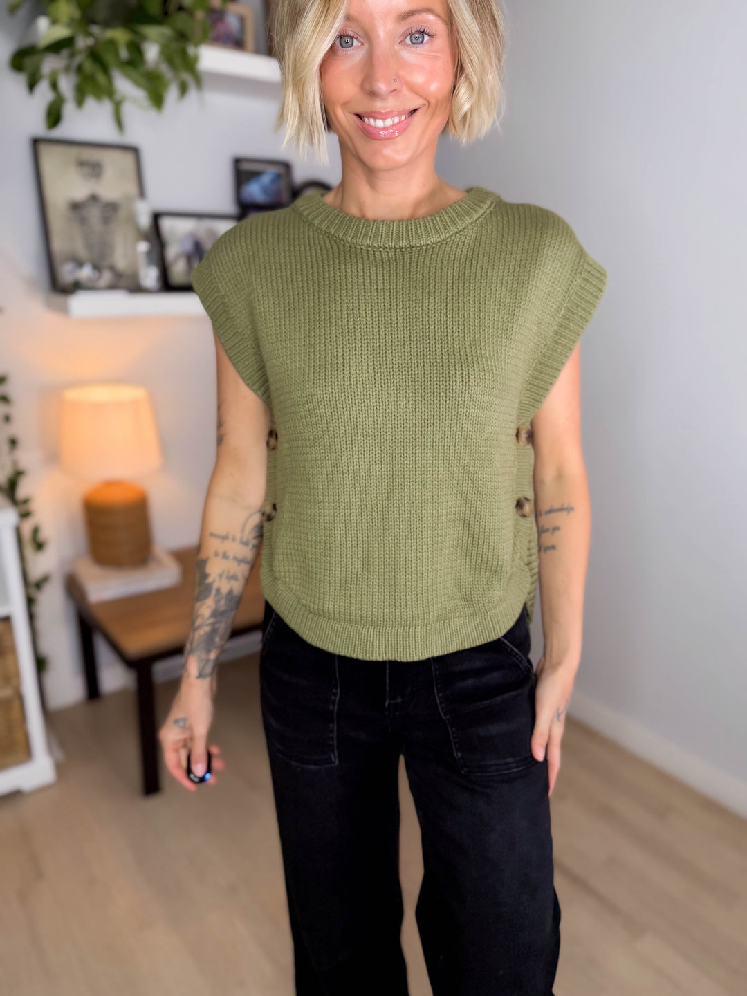 Athena Side Button Sweater Top- OLIVE
