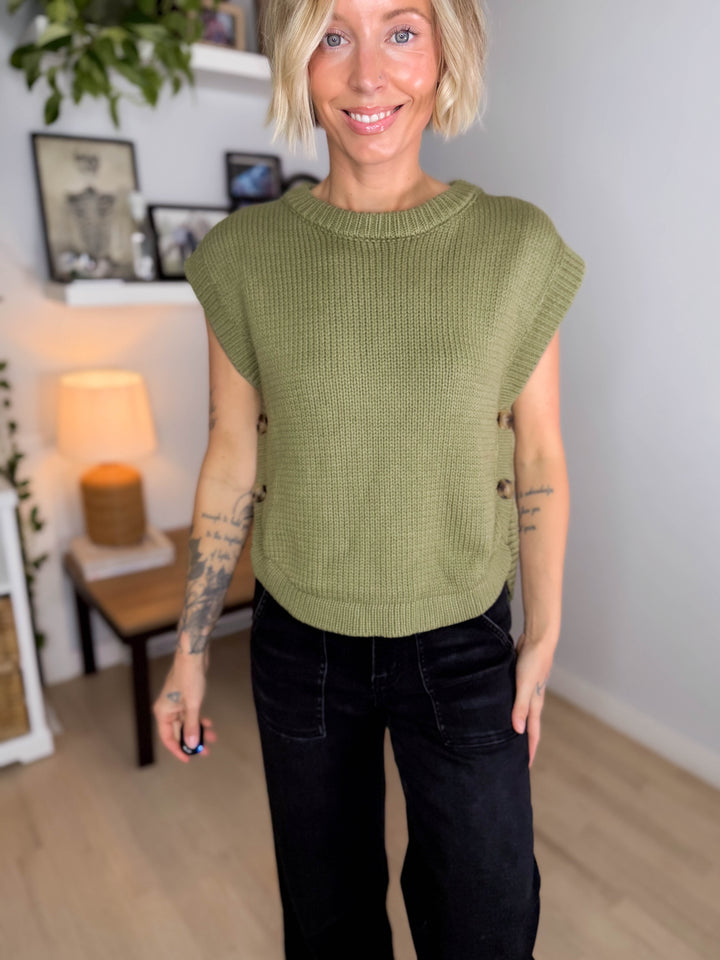 Athena Side Button Sweater Top- OLIVE