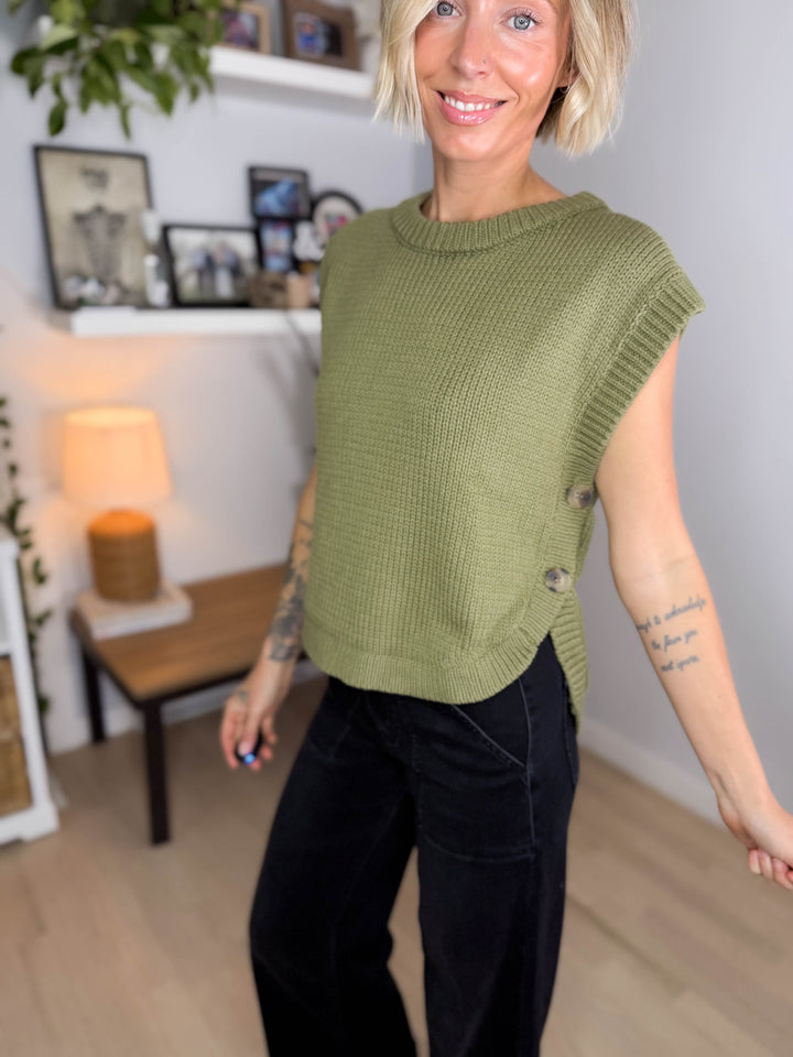Athena Side Button Sweater Top- OLIVE