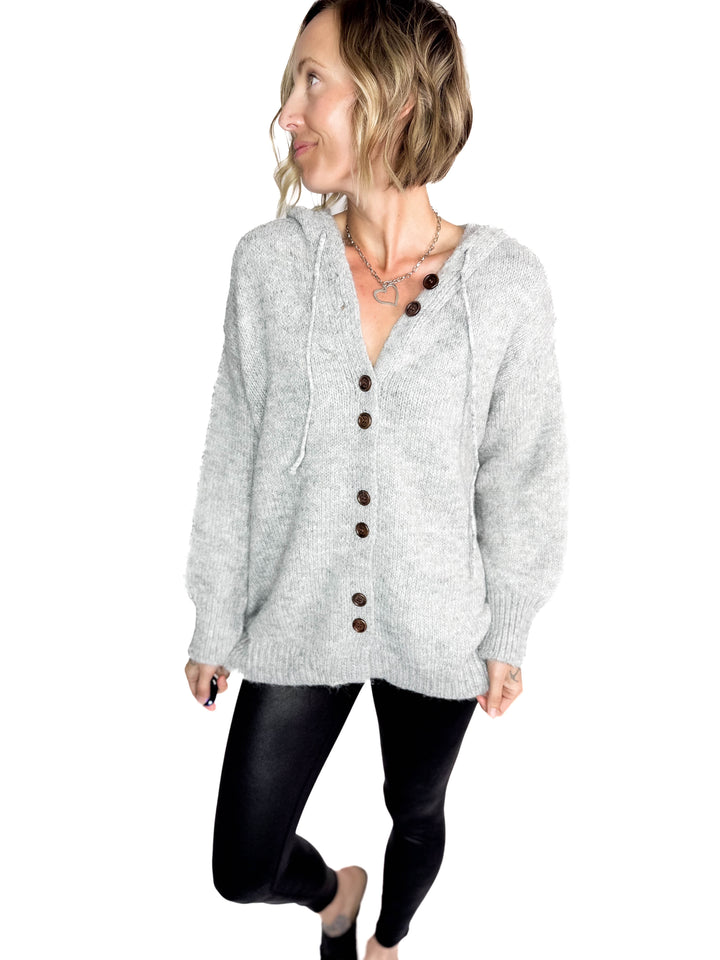 Malachai Button Down Hoodie Cardigan- GREY