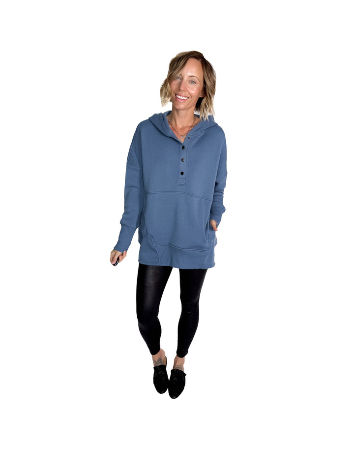 Farrah Fleece Half Button Hooded Sweatshirt- DUSTY BLUE