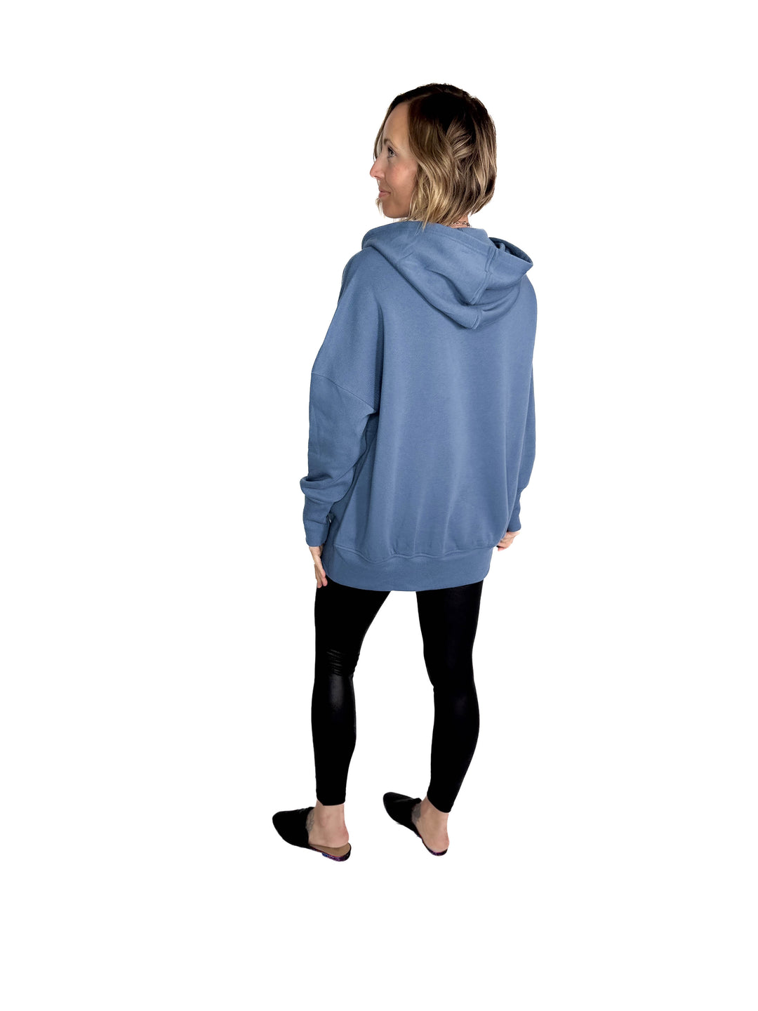 Farrah Fleece Half Button Hooded Sweatshirt- DUSTY BLUE