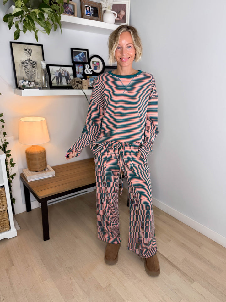 Romy Stretch Cotton Striped Set- TEAL/APRICOT