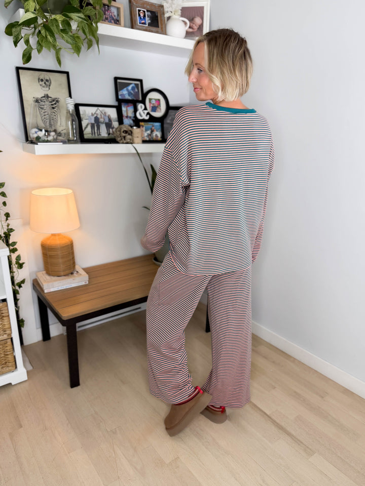 Romy Stretch Cotton Striped Set- TEAL/APRICOT