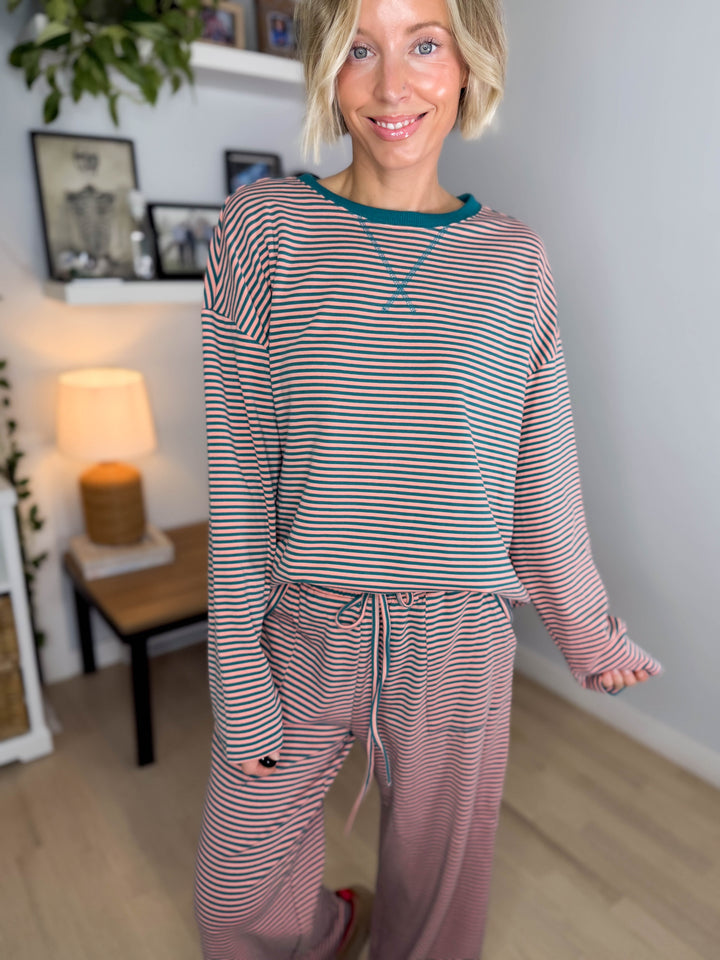 Romy Stretch Cotton Striped Set- TEAL/APRICOT