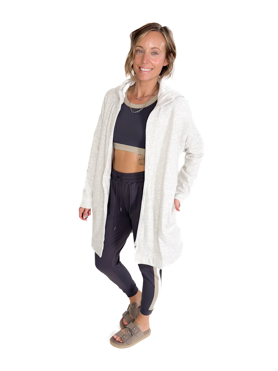 MONO B Nelly Longline Zip-Up Jacket With Hood- TWO TONE GREY-FINAL SALE