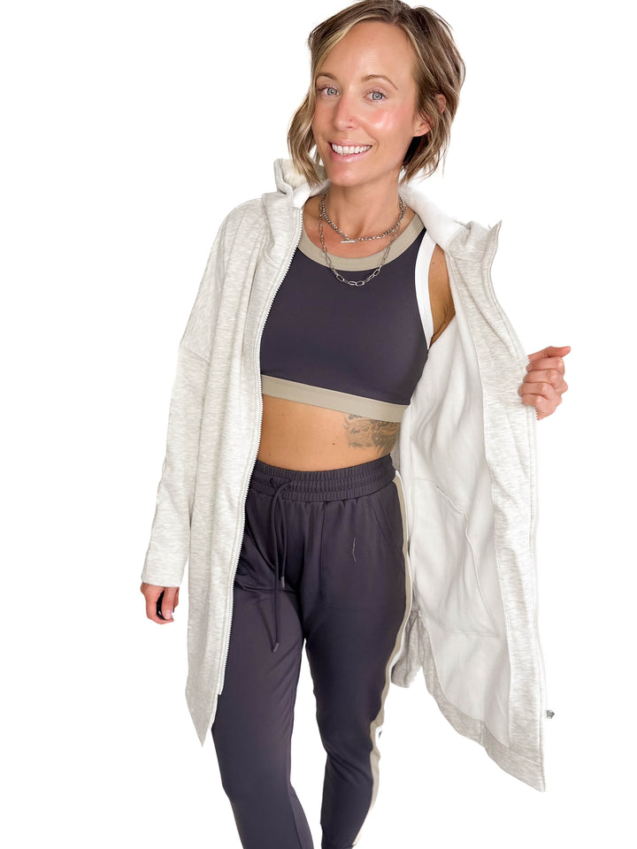 MONO B Nelly Longline Zip-Up Jacket With Hood- TWO TONE GREY-FINAL SALE