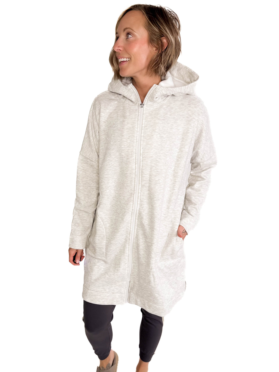MONO B Nelly Longline Zip-Up Jacket With Hood- TWO TONE GREY-FINAL SALE