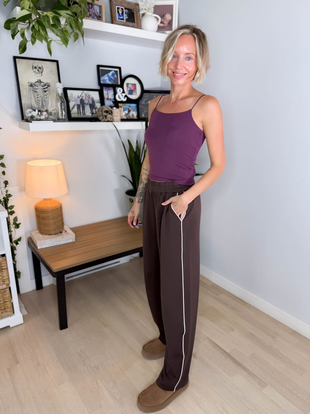 Miranda Modal Piping Straight Leg Pant- ESPRESSO/MOCHA CREAM