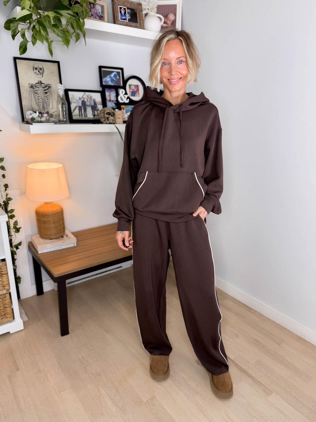 Miranda Modal Piping Straight Leg Pant- ESPRESSO/MOCHA CREAM