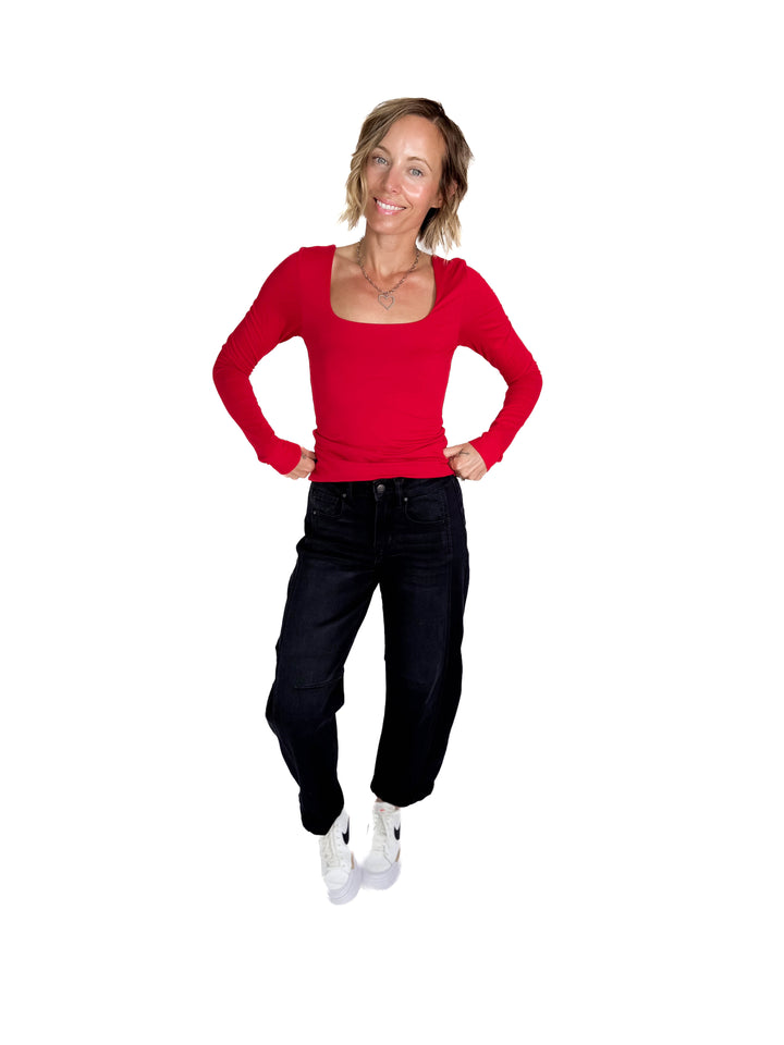 Ayla Butter Square Neck Long Sleeve Top- TRUE RED