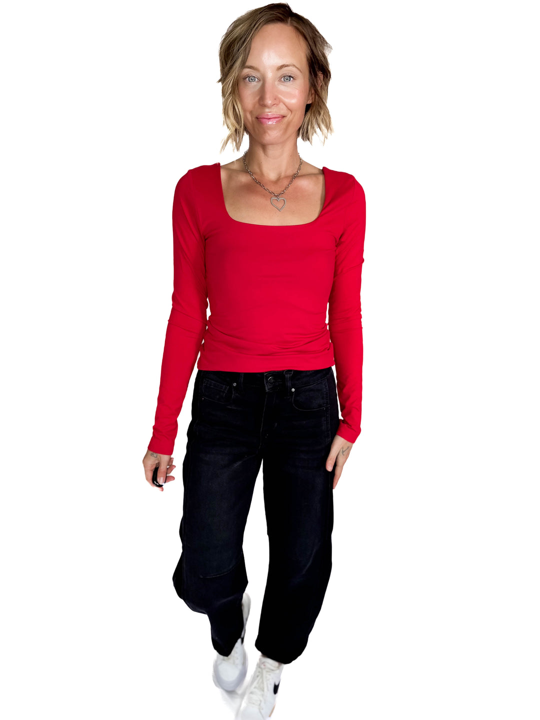 Ayla Butter Square Neck Long Sleeve Top- TRUE RED