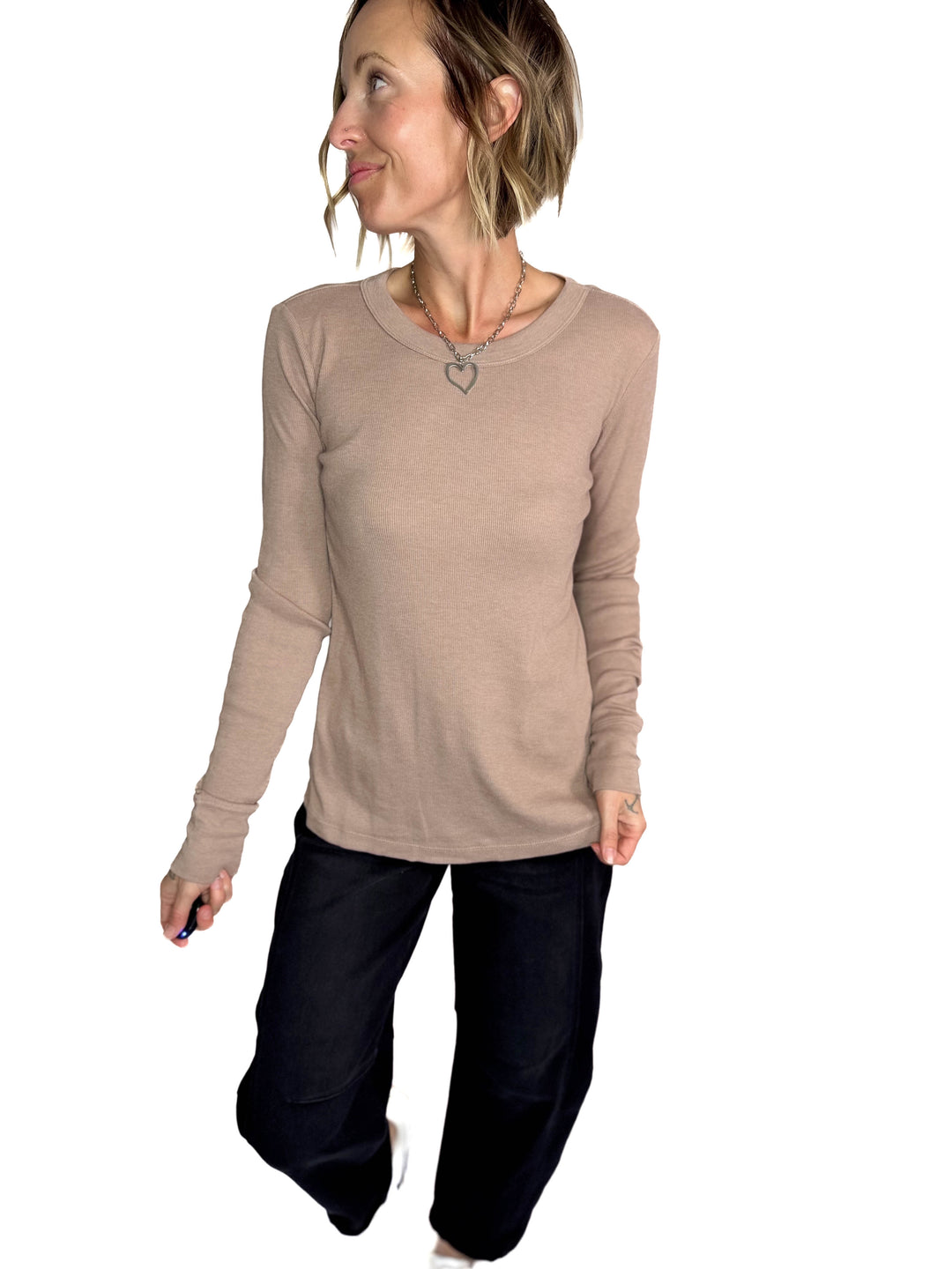 Brenda Ribbed Cotton Long Sleeve- HEATHER MOCHA-FINAL SALE *S*