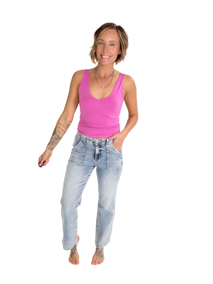 Lucy Double V Neck Jersey Tank-  RASPBERRY ROSE-FINAL SALE
