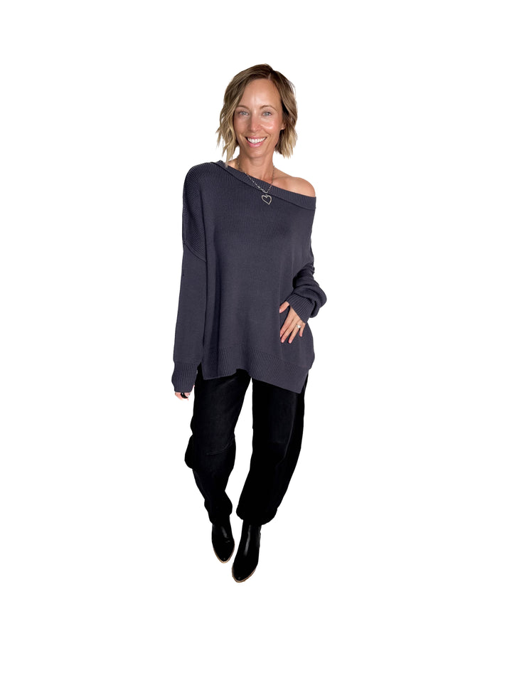 Ever Oversized Cotton Exposed Seam Sweater- BLUE GREY