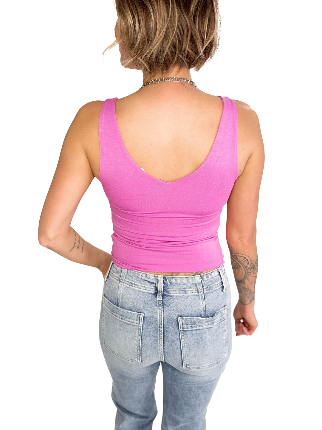 Lucy Double V Neck Jersey Tank-  RASPBERRY ROSE-FINAL SALE