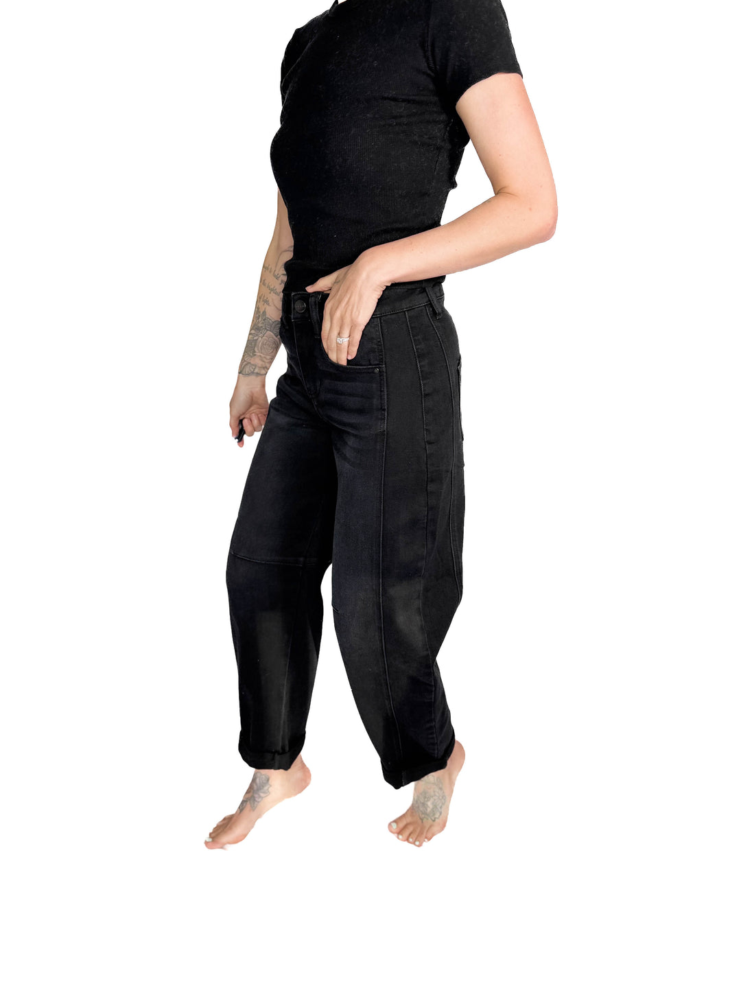 RISEN Ashley High Rise Barrel Jeans- BLACK WASH