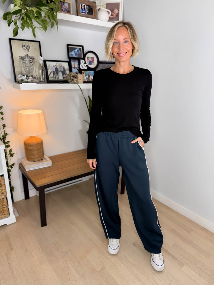 Miranda Modal Piping Straight Leg Pant- TEAL NAVY/MOCHA CREAM