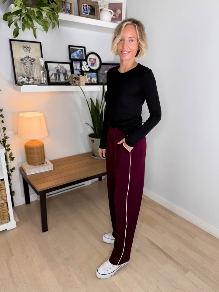 Miranda Modal Piping Straight Leg Pant- DARK CHERRY/MOCHA CREAM