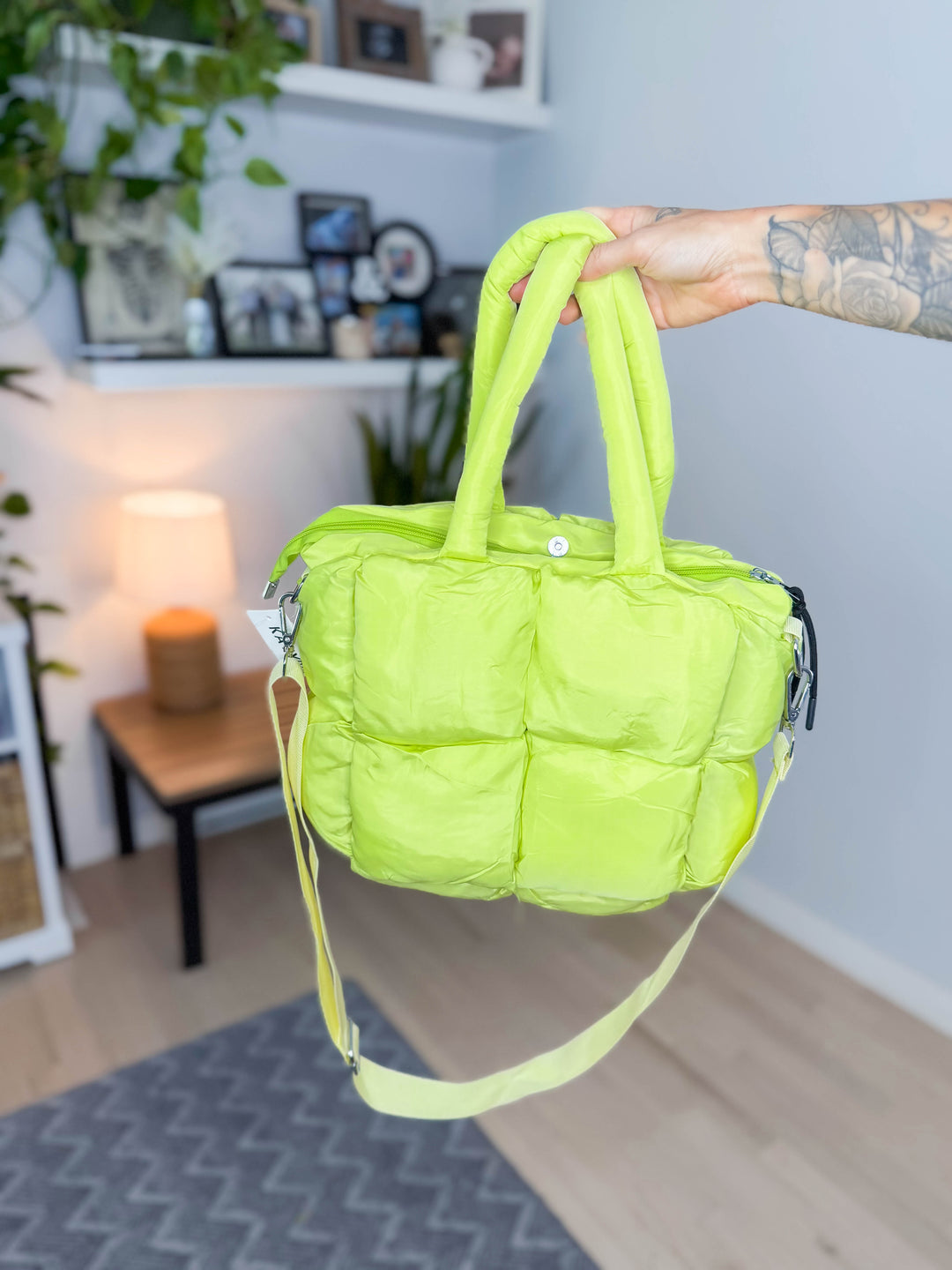 Alora Mini Quilted Puffer Tote- LIME YELLOW