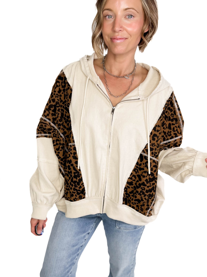 Vasia Washed Leopard and Oatmeal Denim HOODIE- OATMEAL/LEOPARD-FINAL SALE