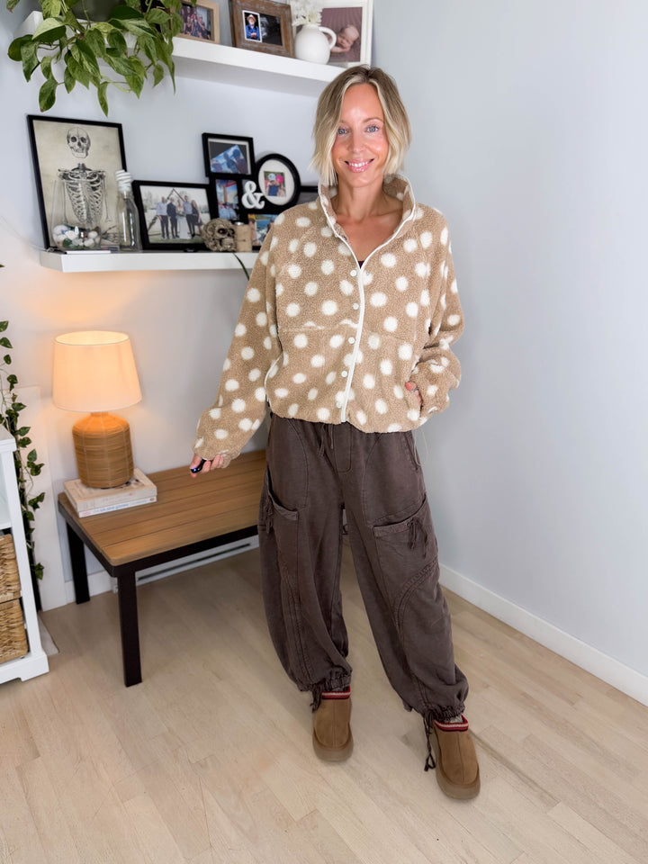 Karen Polka Dot Fleece Jacket- TAUPE/IVORY