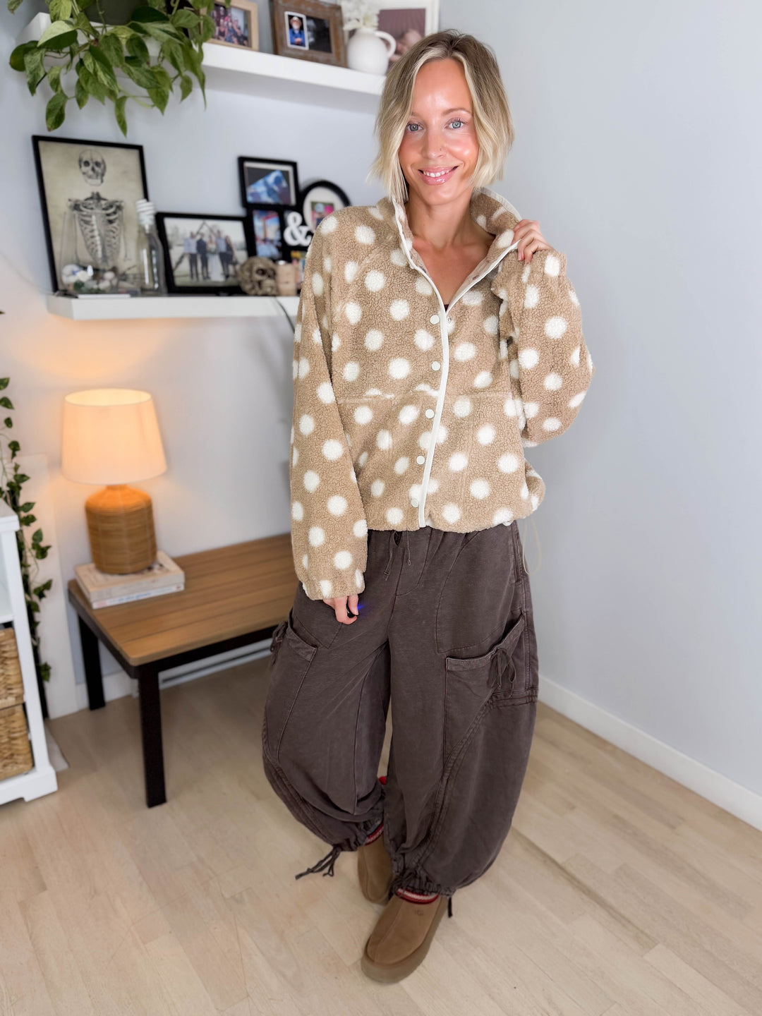Karen Polka Dot Fleece Jacket- TAUPE/IVORY