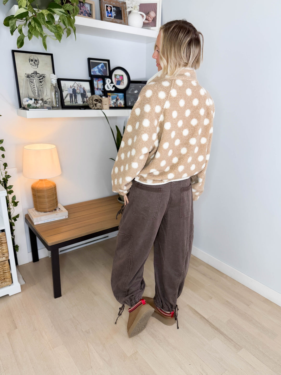 Karen Polka Dot Fleece Jacket- TAUPE/IVORY