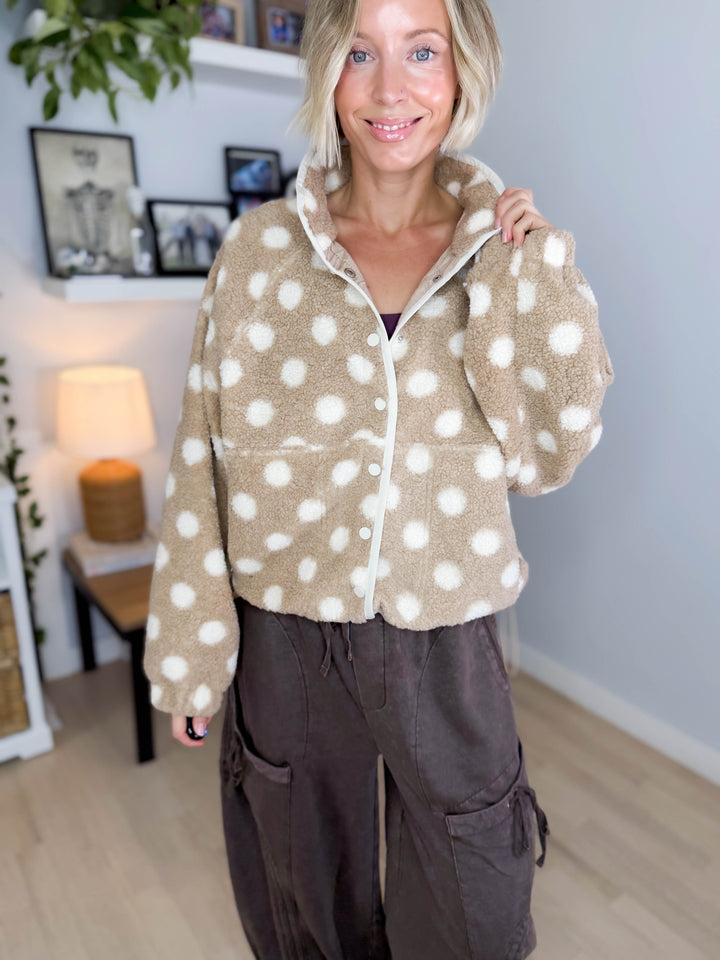 Karen Polka Dot Fleece Jacket- TAUPE/IVORY