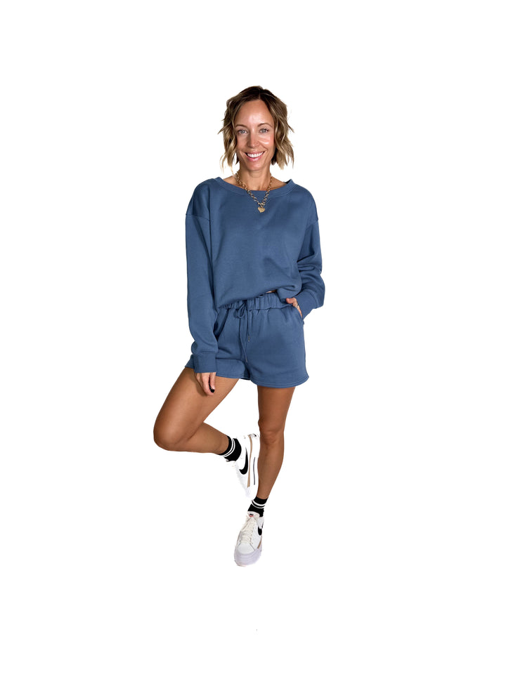 Chill Fleece Shorts Sweat Set- HEATHER GREY- DUSTY BLUE