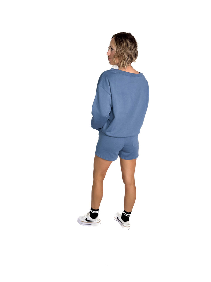 Chill Fleece Shorts Sweat Set- HEATHER GREY- DUSTY BLUE