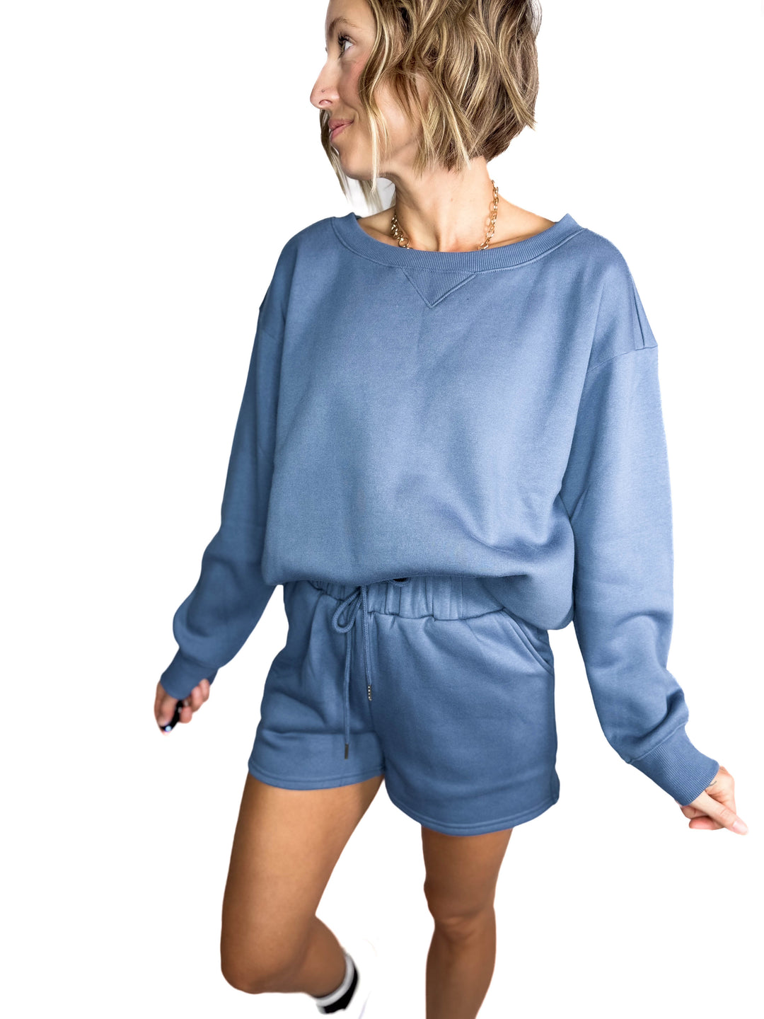 Chill Fleece Shorts Sweat Set- HEATHER GREY- DUSTY BLUE