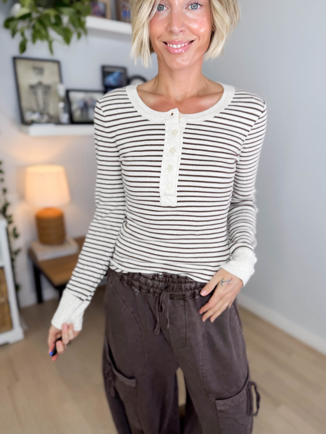 Aurora Waffle Henley Long Sleeve- OATMEAL/CHOCO
