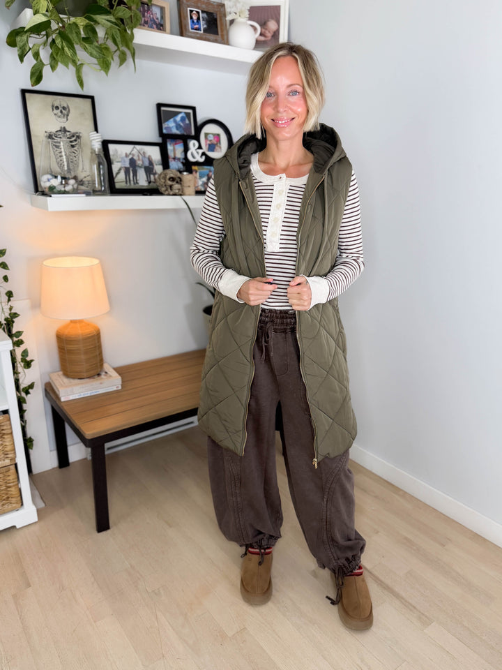 Gloria Quilted Long Puffer Hooded Vest- OLIVE