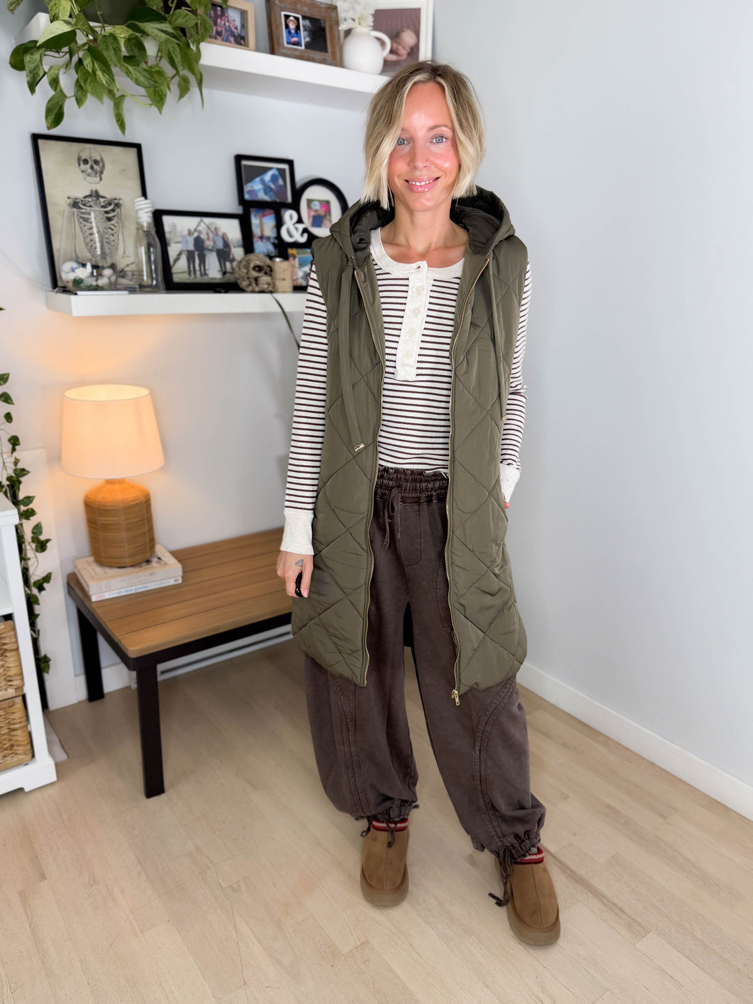 Gloria Quilted Long Puffer Hooded Vest- OLIVE