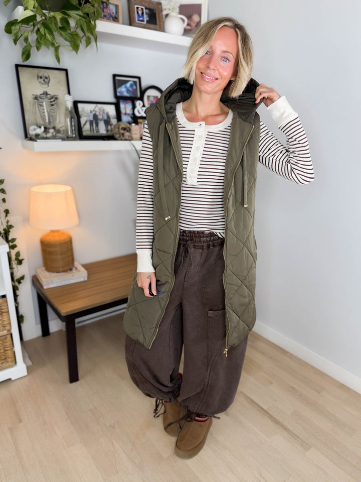 Gloria Quilted Long Puffer Hooded Vest- OLIVE