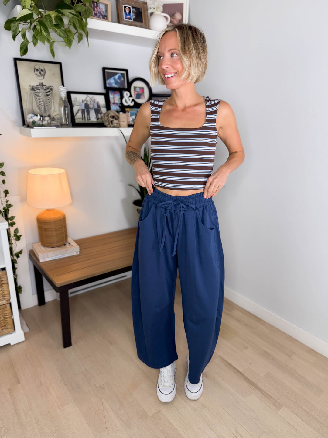 Oakes Cotton Terry Barrel Pant- NAVY