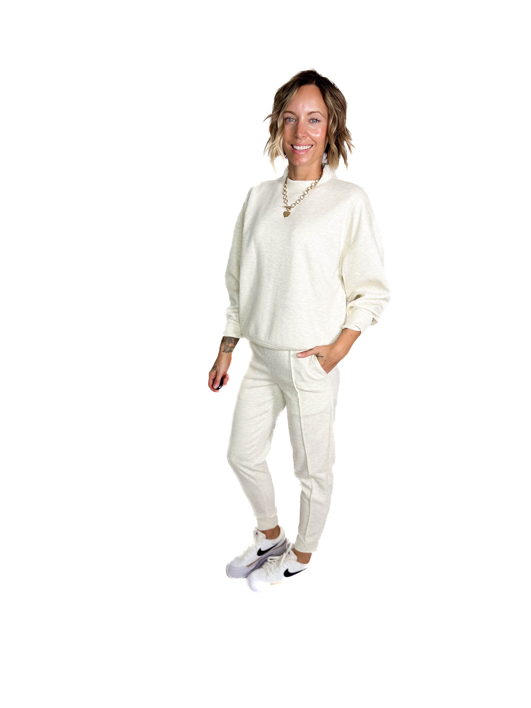 Sandra Scuba Mock Neck And Pullover Jogger Set- VANILLA