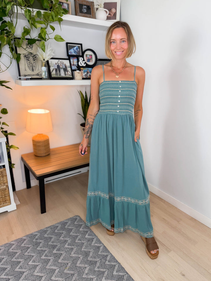 Ocean Pearl Smocked Maxi Dress- TEAL