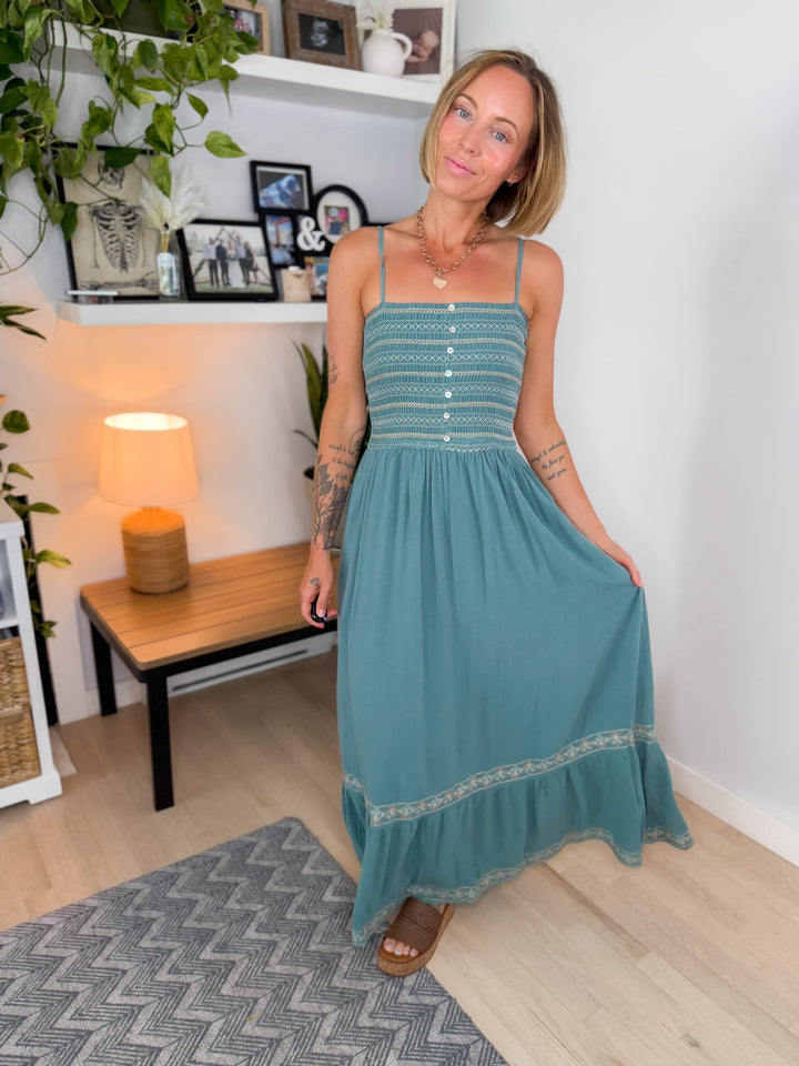 Ocean Pearl Smocked Maxi Dress- TEAL