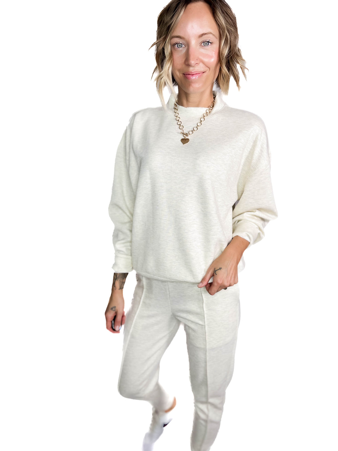 Sandra Scuba Mock Neck And Pullover Jogger Set- VANILLA