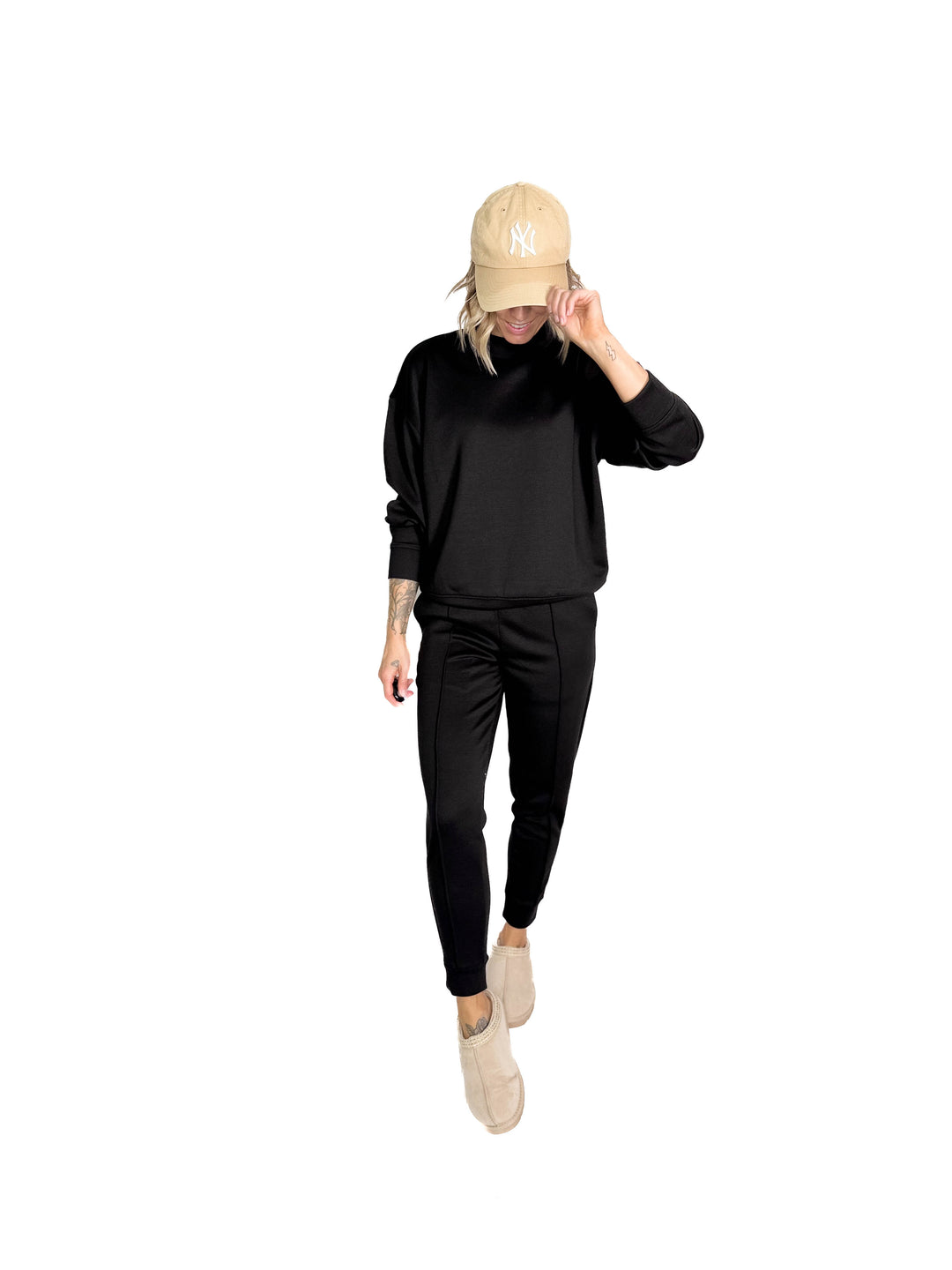 Sandra Scuba Mock Neck And Pullover Jogger Set- BLACK