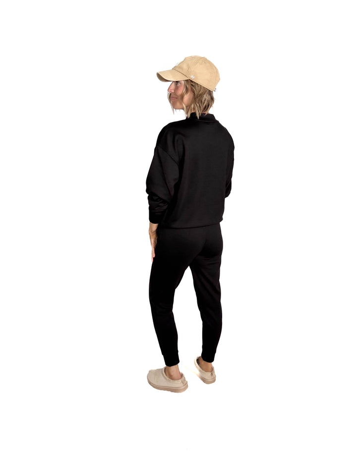 Sandra Scuba Mock Neck And Pullover Jogger Set- BLACK