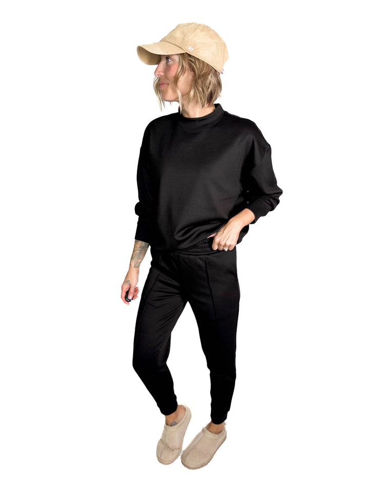 Sandra Scuba Mock Neck And Pullover Jogger Set- BLACK