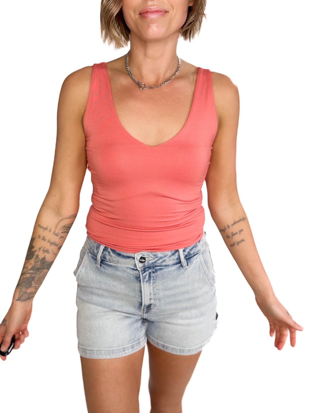 Lucy Double V Neck Jersey Tank-  CORAL-FINAL SALE