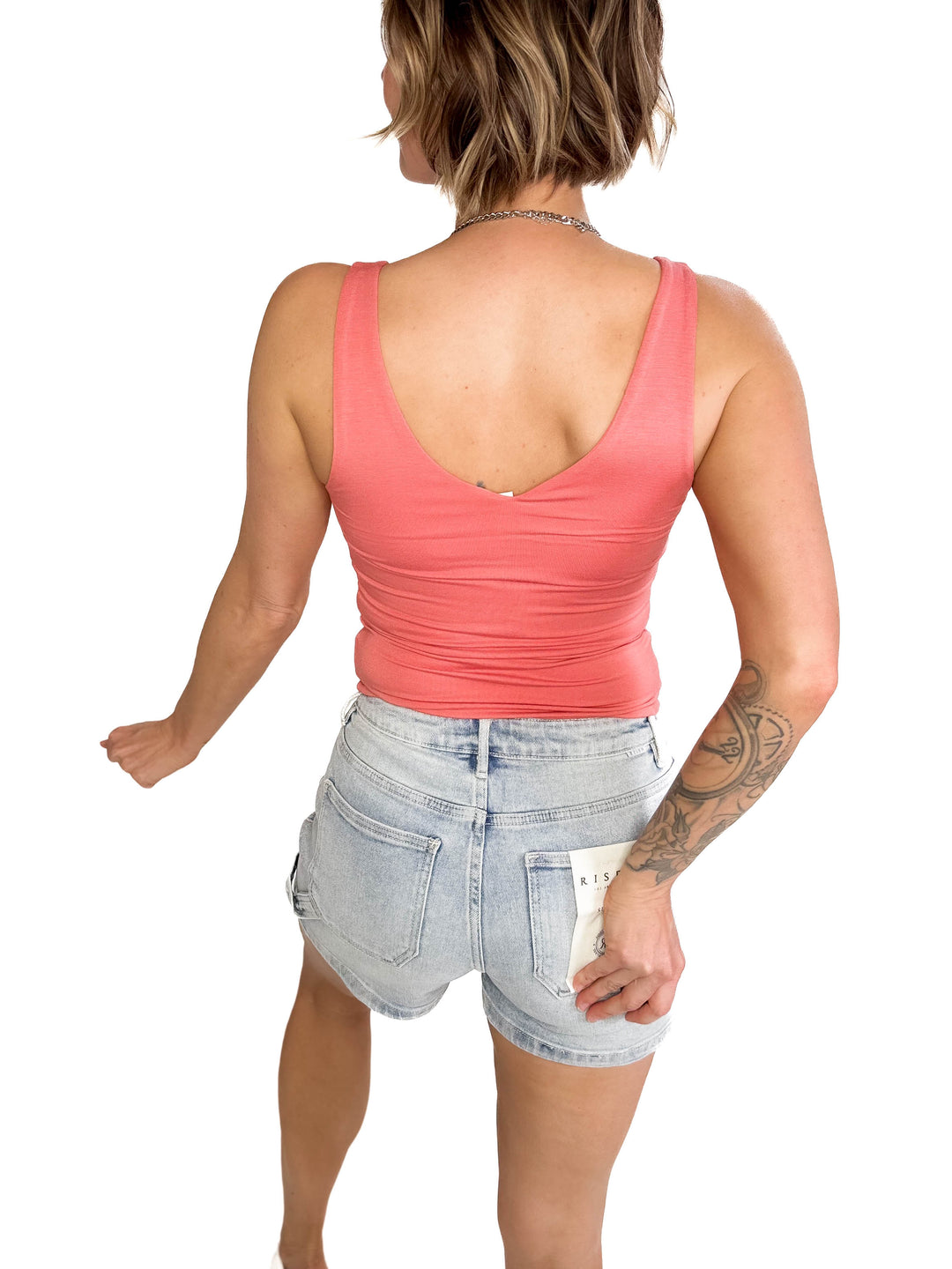 Lucy Double V Neck Jersey Tank-  CORAL-FINAL SALE