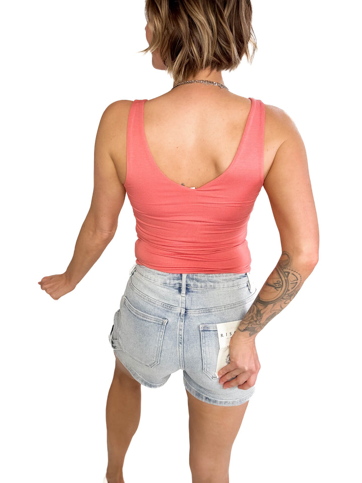 Lucy Double V Neck Jersey Tank-  CORAL-FINAL SALE