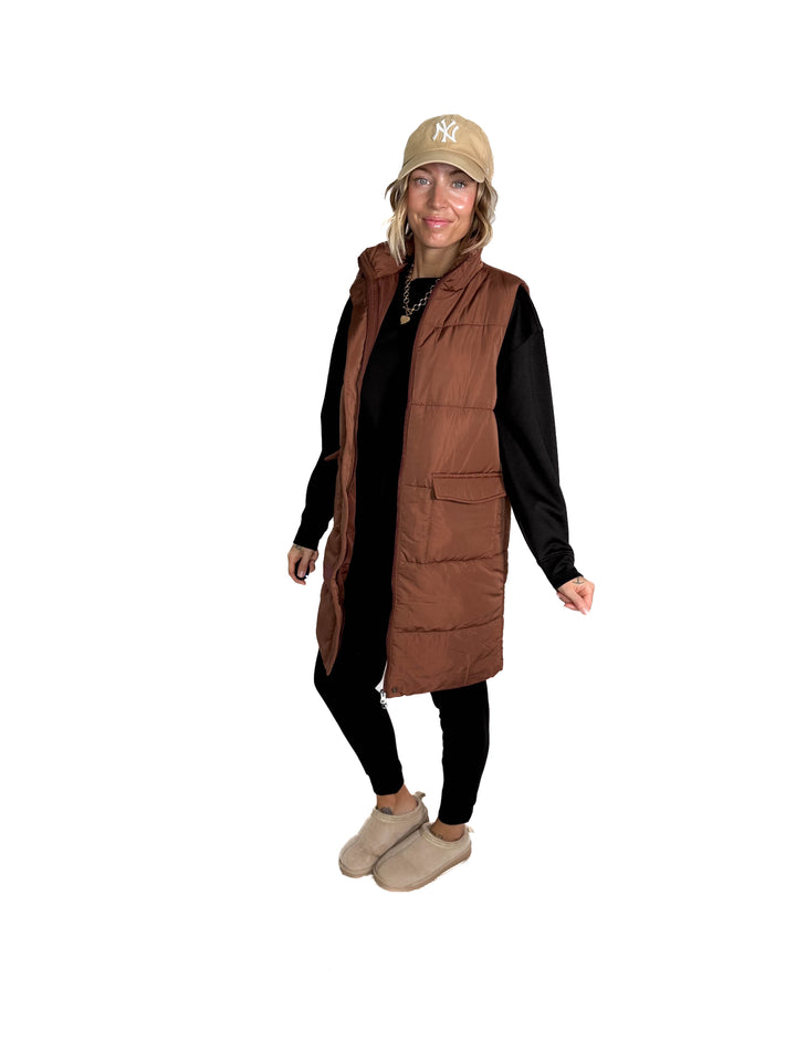 Remington Longline Puffer Vest- CAMEL BROWN